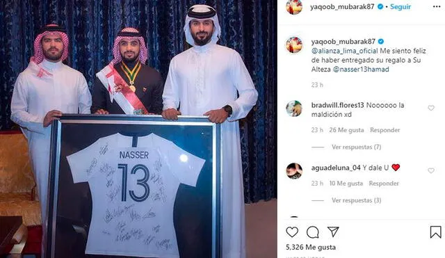 Yaqoob Mubarak regaló la camiseta de Alianza Lima a su príncipe. Foto: Instagram