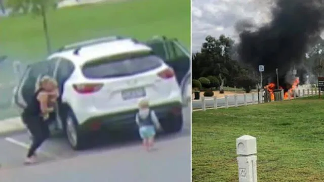 Madre rescata a sus bebés segundos antes de que auto donde viajaban explote [VIDEO]