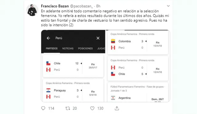 Paco Bazán le responde a Jhoel Herrera tras sus polémicos comentarios sobre la selección femenina de fútbol.
