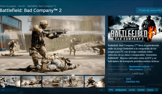 Battlefield Bad Company 2 (2010) ejemplo de título AAA publicado por EA, pero disponible en Steam.