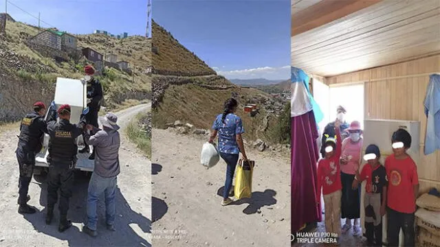 Una joven voluntaria con el apoyo de policías, se trasladaron hasta el pueblo joven de Santa Teresa en el distrito de Tiabaya para hacer la entrega.