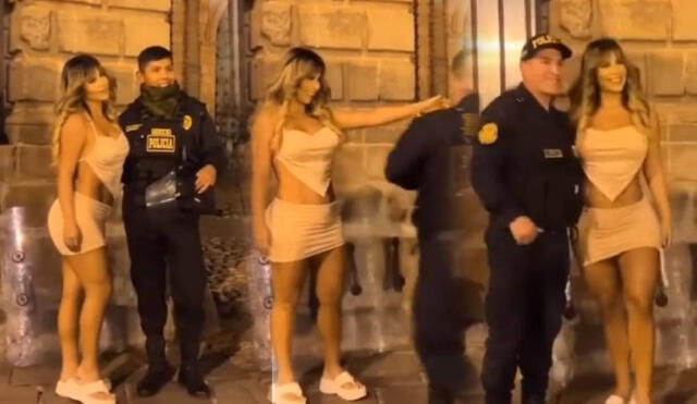 Gabriela Serpa y policías se hacen virales luego de que los captaran haciendo fila para tomarse una foto. Foto: Composición LR/ Captura de pantalla/ TikTok
