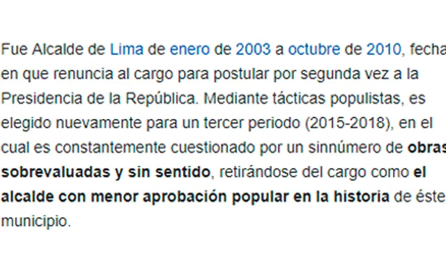 Facebook: vandalizan biografía de Luis Castañeda Lossio en Wikipedia y añaden polémica descripción