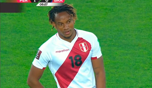 André Carrillo marcó el 1-0 en el Perú vs. Brasil por la fecha 1 de las Eliminatorias Qatar 2022. Foto: Captura de Movistar Deportes
