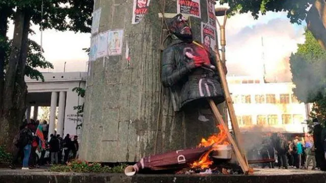 Hace unas semanas, empalaron el busto de Pedro de Valdivia en Concepción. Foto: Difusión