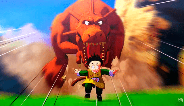 Gohan siendo perseguido por un dinosaurio en Dragon Ball Z Kakarot.