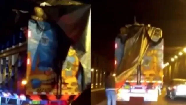 Camión quedó atorado en by-pass de avenida Alfonso Ugarte por no respetar altura máxima [VIDEO]