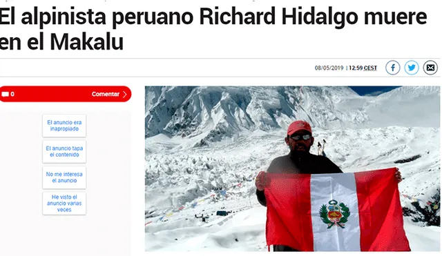 Richard Hidalgo: así reaccionó la prensa internacional sobre la muerte del montañista peruano