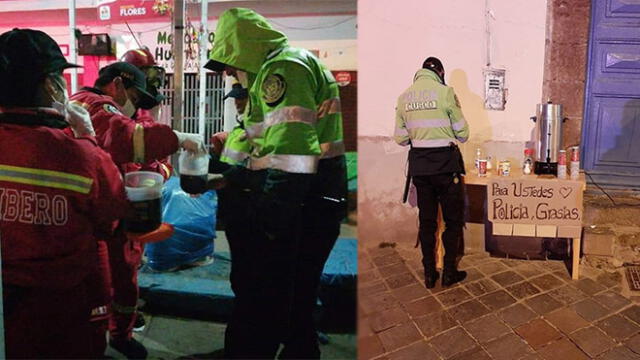 Bomberos recorren calles llevando café a policías.