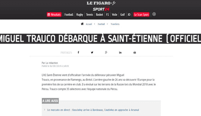 Así informaron los medios franceses sobre la incorporación de Miguel Trauco en el Saint Étienne.