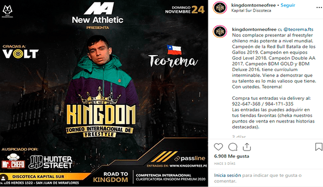 El freestyler chileno participará en el evento a realizarse el domingo 24 de noviembre y batallará por un cupo al Kingdom Premium 2020.