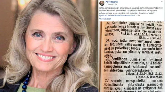 La congresista Päivi Räsänen compartió versos de la Biblia en Facebook.