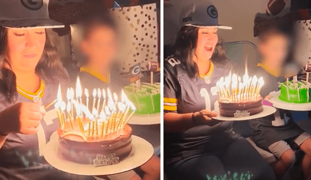 La mujer celebraba su cumpleaños junto a su hijo de siete años, empleando dos pasteles para que cada uno pudiera apagar sus velitas. Foto: captura de YouTube