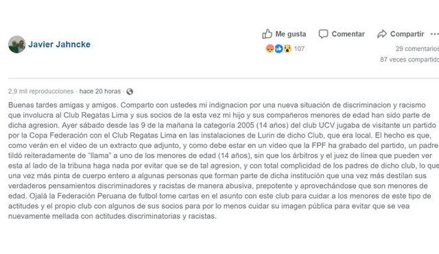 Facebook: denuncian racismo en partido de divisiones menores del Regatas contra la UCV [VIDEO]