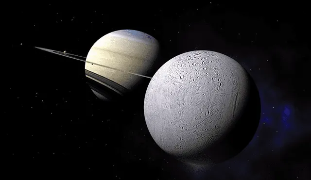 Encelado, el satélite de Saturno que posee géiseres y posible vida bacteriana.