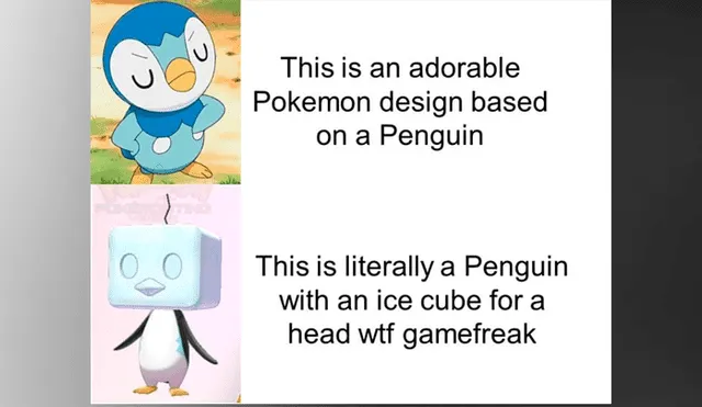 Este es un adorable pokémon basado en un pingüino (arriba) Esto es literal un pingüino con un cubo de hielo en su cabeza, qué rayos ¿Game Freak? (abajo)