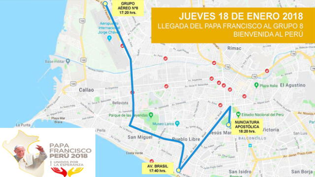 Papa Francisco en Perú: conozca las calles y avenidas que recorrerá el Santo Padre durante su visita [MAPA]