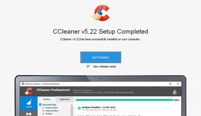 La versión gratuita y de 14 días de CCleaner aparece como aplicación potencialmente no deseada por Windows Defender. Foto. Ccleaner.