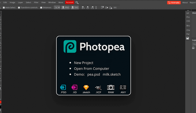 Photopea, un editor online muy similar a Photoshop capaz de hacer filtros, curvas y mucho más. Imagen: Photopea.com.