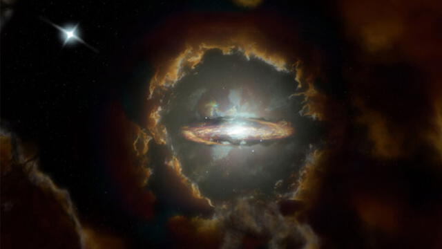 Galaxia Disco Wolfe, formada en el caótico y polvoriento universo primitivo. Imagen: NSF/AUI/NRAO.