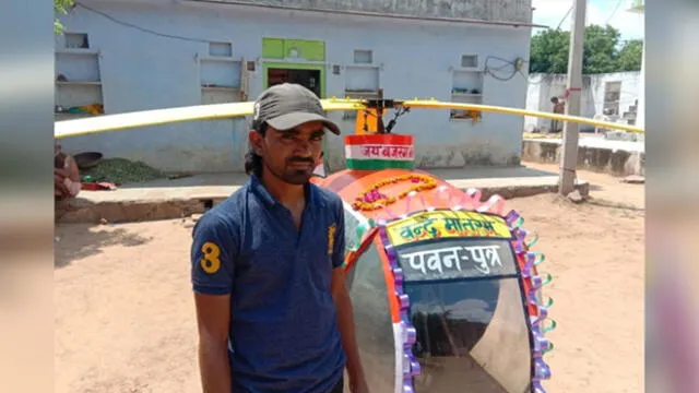 Chetram Gurjar es el joven que inventó un helicóptero con material reciclable, en Rajasthan (India). Foto: Difusión