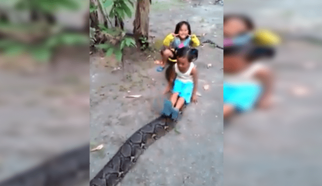 Polémica en Facebook por niñas jugando con anaconda [VIDEO]
