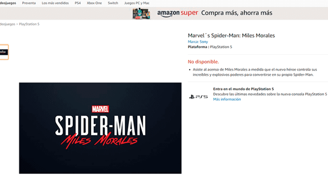Marvel's Spider-Man Miles Morales listado en Amazon. Foto: Amazon.