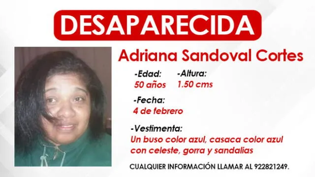 Adriana Elizabet Sandoval Cortes (50) se encuentra desaparecida desde el último martes 4 de febrero.