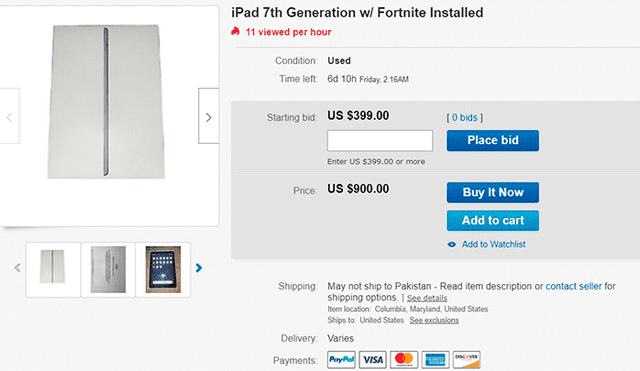 Usuario vende iPad en eBay con Fortnite instalado. Foto: eBay.