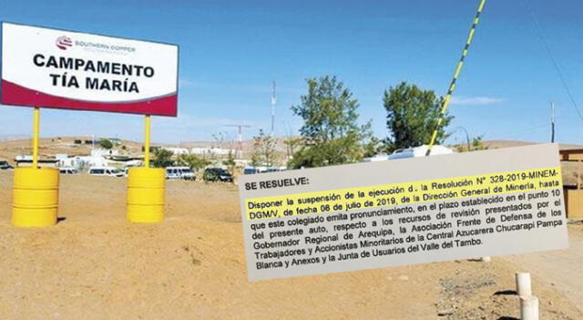 Resolución que suspende la licencia de construcción a favor del proyecto cuprífero Tía María en Arequipa.
