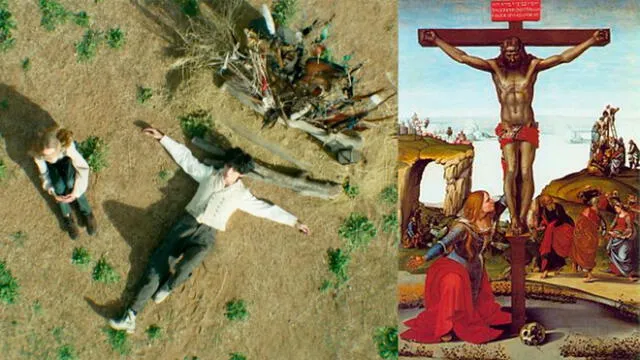 V aparece en una posición similar a la crucifixión junto a una niña. Algunos fans señalan que la niña podría ser María al pie de la cruz de Jesús.