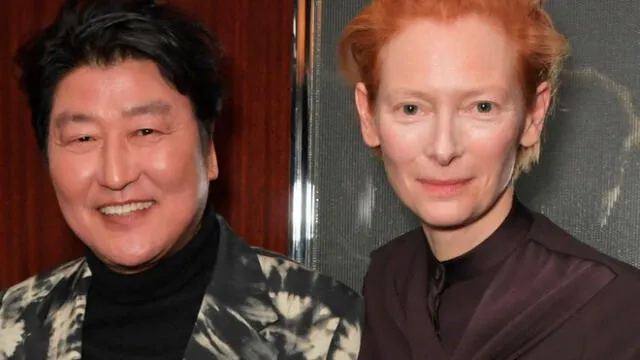 El actor Song Kang Ho junto a la actriz Tilda Swinton. 13 de diciembre, 2019. Londres, Inglaterra.