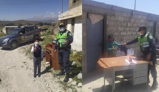 Agentes policiales de la comisaría de Polobaya, entregaron útiles y escritorios a escolares de diversos anexos. Foto: PNP