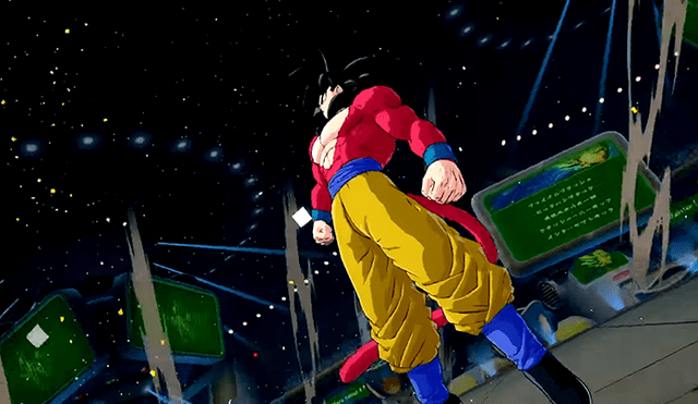 Goku SSJ4 em Dragon Ball FighterZ num ataque de Kid Goku