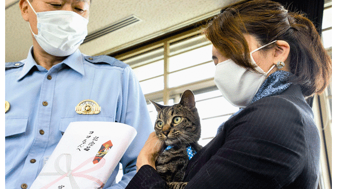 Koko junto a su dueña, Tomoko Nitta. Ambas fueron premiadas por su apoyo en el rescate. Foto: Kyodo.