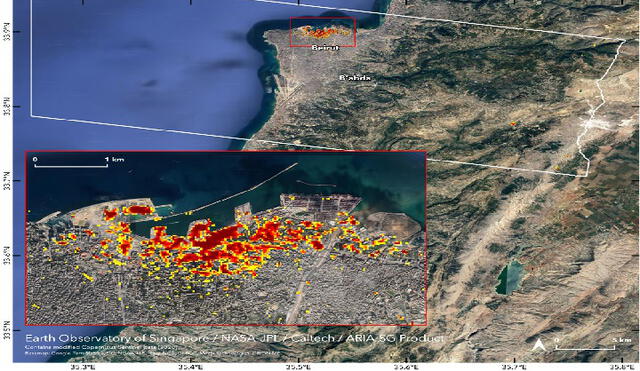 En rojo marcaron la zona más derruida tras la explosión en Beirut. Foto: NASA
