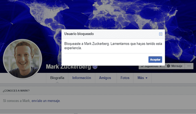 Ya es posible bloquear a Mark Zuckerberg en Facebook. Foto: Captura.