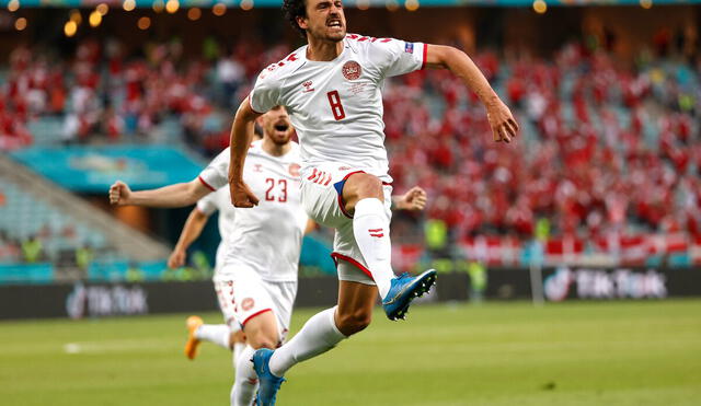 Thomas Delaney celebra tras su gol a República Checa. Foto: UEFA