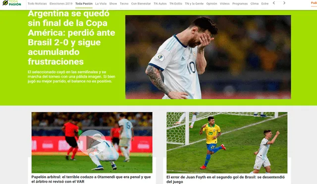 Prensa argentina reaccionó tras la eliminación de su selección ante Brasil en la Copa América 2019. | Foto: Toda Pasión
