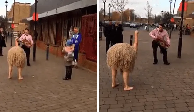 En YouTube, un artista callejero dio tremenda sorpresa a transeúntes al colocarse un disfraz de avestruz.