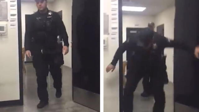 En Facebook: musculoso policía queda en ridículo frente a sus colegas por indefensa criatura |VIDEO