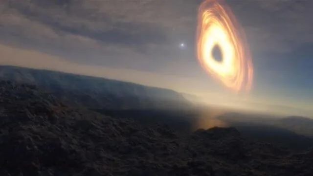 Representación de la vista desde un planeta que orbita un agujero negro supermasivo.Fuente: Space Engine.