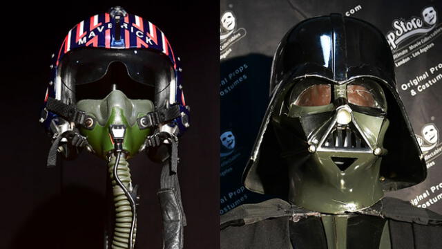 El casco de avión usado por Tom Cruise en Top Gun y el traje completo de Darth Vader. Foto: AFP