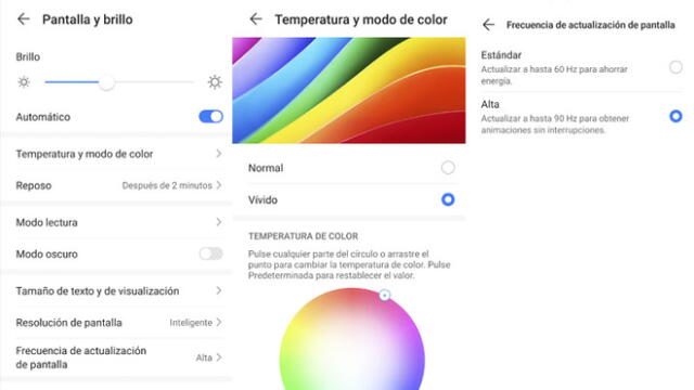 Ajustes de la pantalla del Huawei P40 Pro.