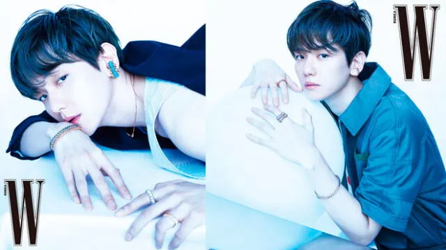 Izquierda. Baekhyun de EXO luce chaqueta negra y top sin mangas de Prada. Brazalete de oro blanco y oro rosa de Cartier. Derecha: Camisa de Fendi, joyería colección Clash de Cartier.  Wkorea. Mayo, 2020.