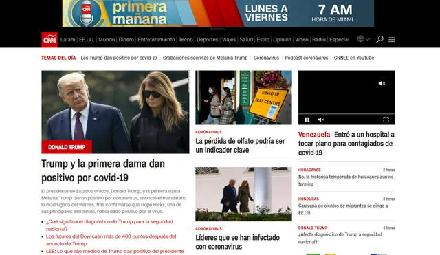 Así informó CNN en Español el positivo al Covid-19 de Donald y Melania Trump. Foto: Captura web CNN en Español.