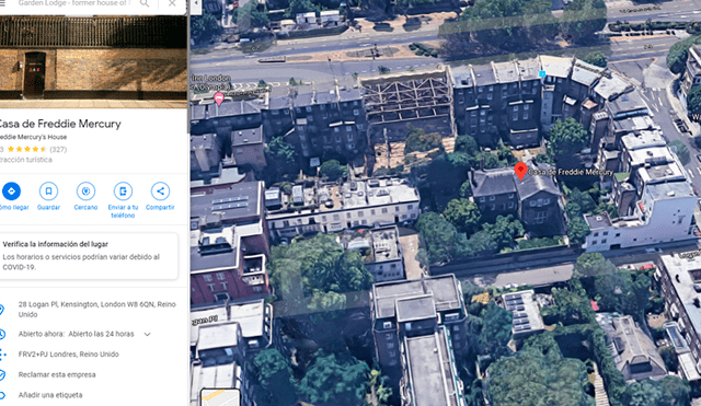 Desliza las imágenes para ver cómo luce actualmente la casa de Freddie Mercury en Google Maps. Foto: Google