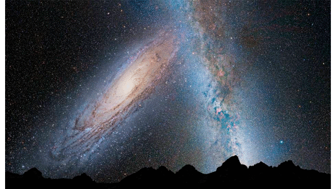 Ilustración de momentos previos al choque de Andrómeda (izquierda) con la Vía Láctea (derecha). NASA.