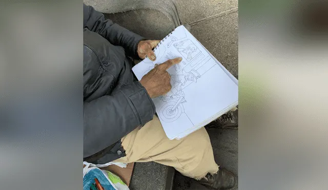 Un anciano sin hogar vende dibujos en la calle para sobrevivir. Foto: Twitter