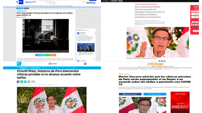 Algunos de los titulares de la prensa mundial sobre el anuncio de Vizcarra. Foto: Composición / Efe / Clarín / France 24 / Infobae.
